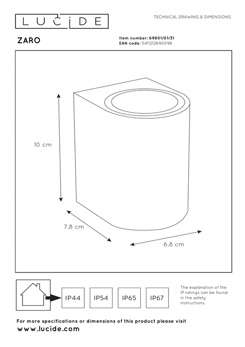 Lucide ZARO - Wandspot / Wandlamp Binnen/Buiten - 1xGU10 - IP44 - Wit - technisch